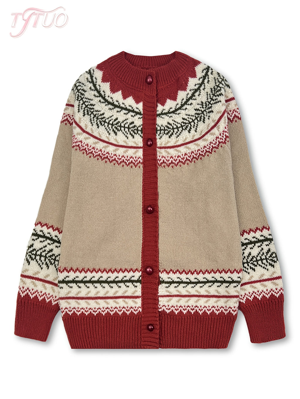 Fairbane Fair Isle Button-Up Cardigan – Women Knit Sweater Nordic Chunky Ribbed Autumn Fall Cardigan