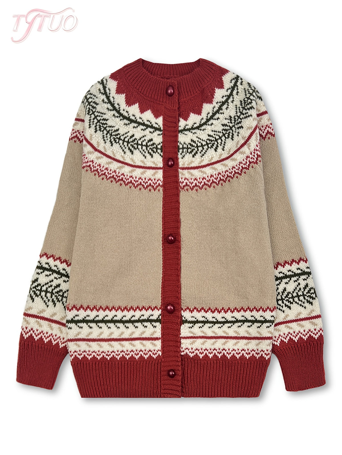 Fairbane Fair Isle Button-Up Cardigan – Women Knit Sweater Nordic Chunky Ribbed Autumn Fall Cardigan