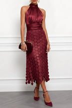 Scallin Halter Neck Satin Midi Dress – Sleeveless Cocktail Party Women Formal Evening Midi Dress
