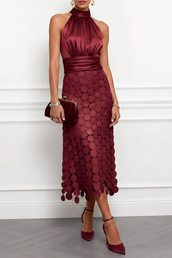 Scallin Halter Neck Satin Midi Dress – Sleeveless Cocktail Party Women Formal Evening Midi Dress