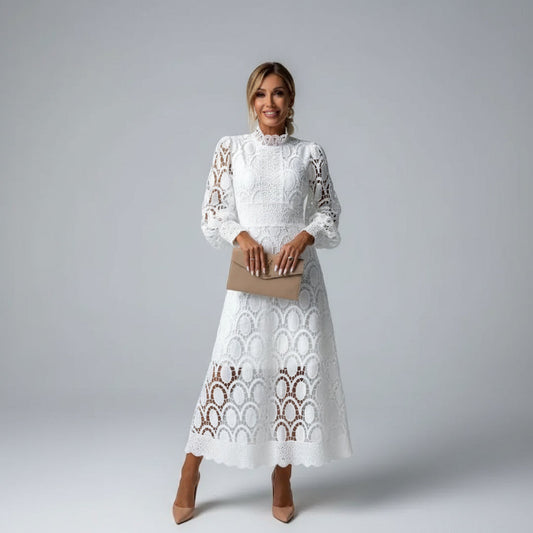 Long Sleeve High Neck Lace Wedding Guest Midi Dress