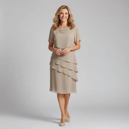 Short Sleeve Tiered Chiffon Midi Dress