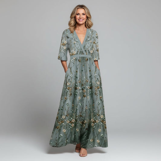 Floral Embroidered V-Neck Short Sleeve Maxi Dress