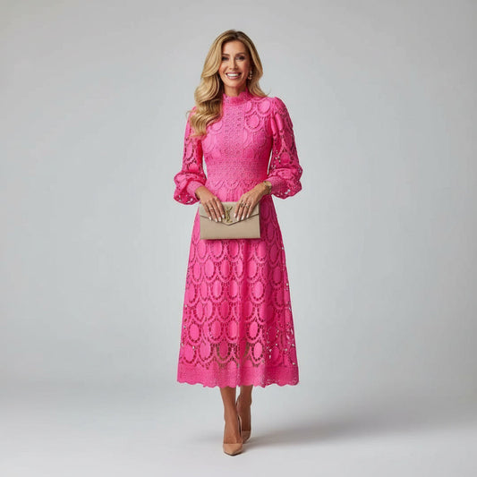 Long Sleeve High Neck Lace Wedding Guest Midi Dress