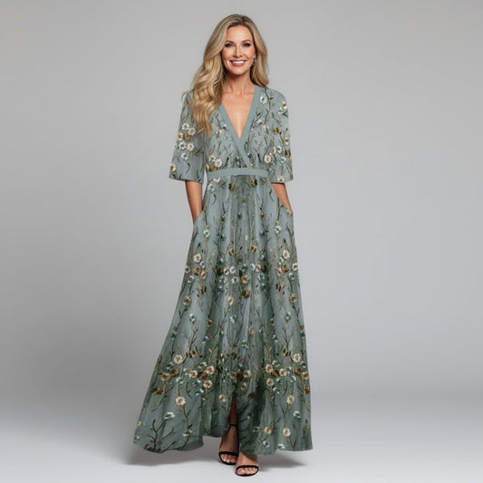 Floral Embroidered V-Neck Short Sleeve Maxi Dress