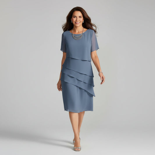 Short Sleeve Tiered Chiffon Midi Dress