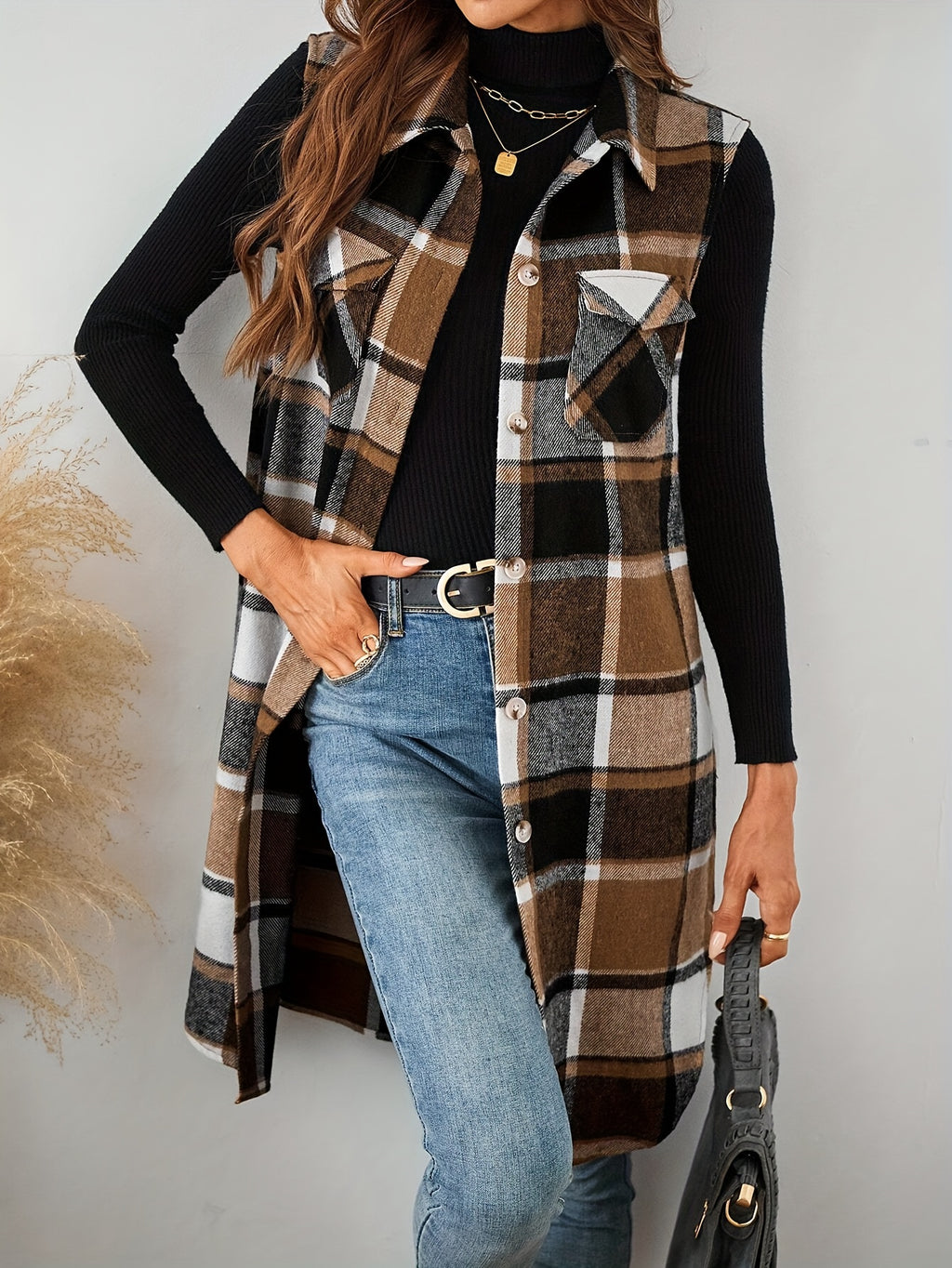 Flavest Check Sleeveless Longline Shacket – Women Oversized Flannel Gilet Waistcoat Casual Autumn Layering