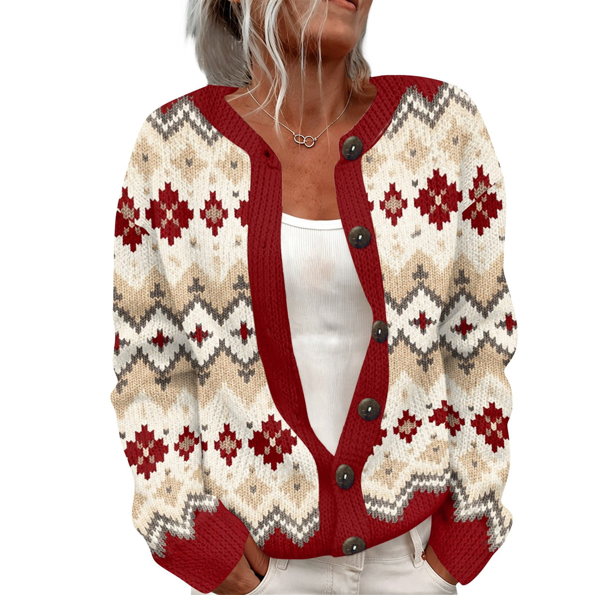 Chevizo Fair Isle Button Cardigan – Fair Isle Cardigan Women Crew Neck Knit Long Sleeve Open Front Casual Cosy Fall Cardigan