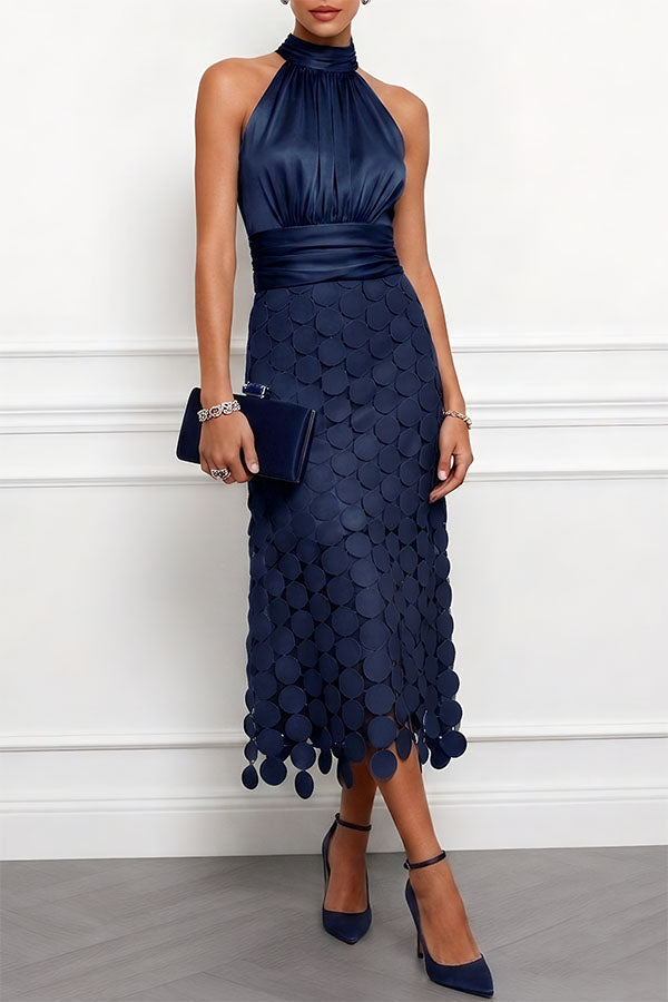 Scallin Halter Neck Satin Midi Dress – Sleeveless Cocktail Party Women Formal Evening Midi Dress