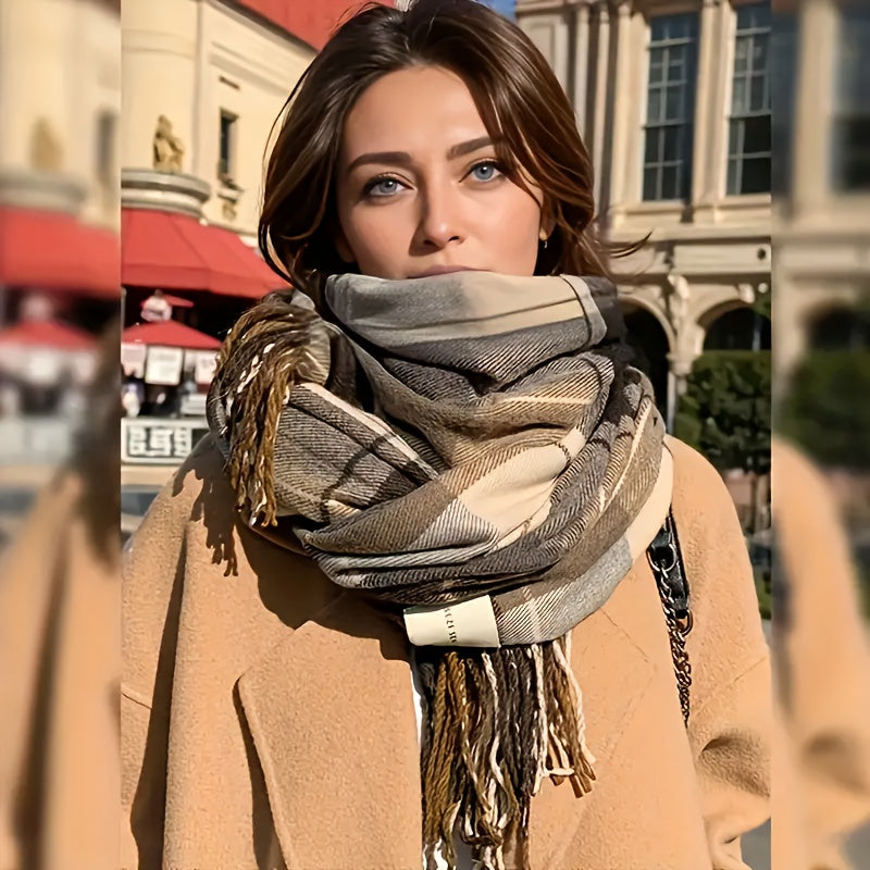 Twillyne Oversized Check Scarf – Tartan Wool Scarf Women Winter Checked Fringe Wrap Shawl Blanket Scarf