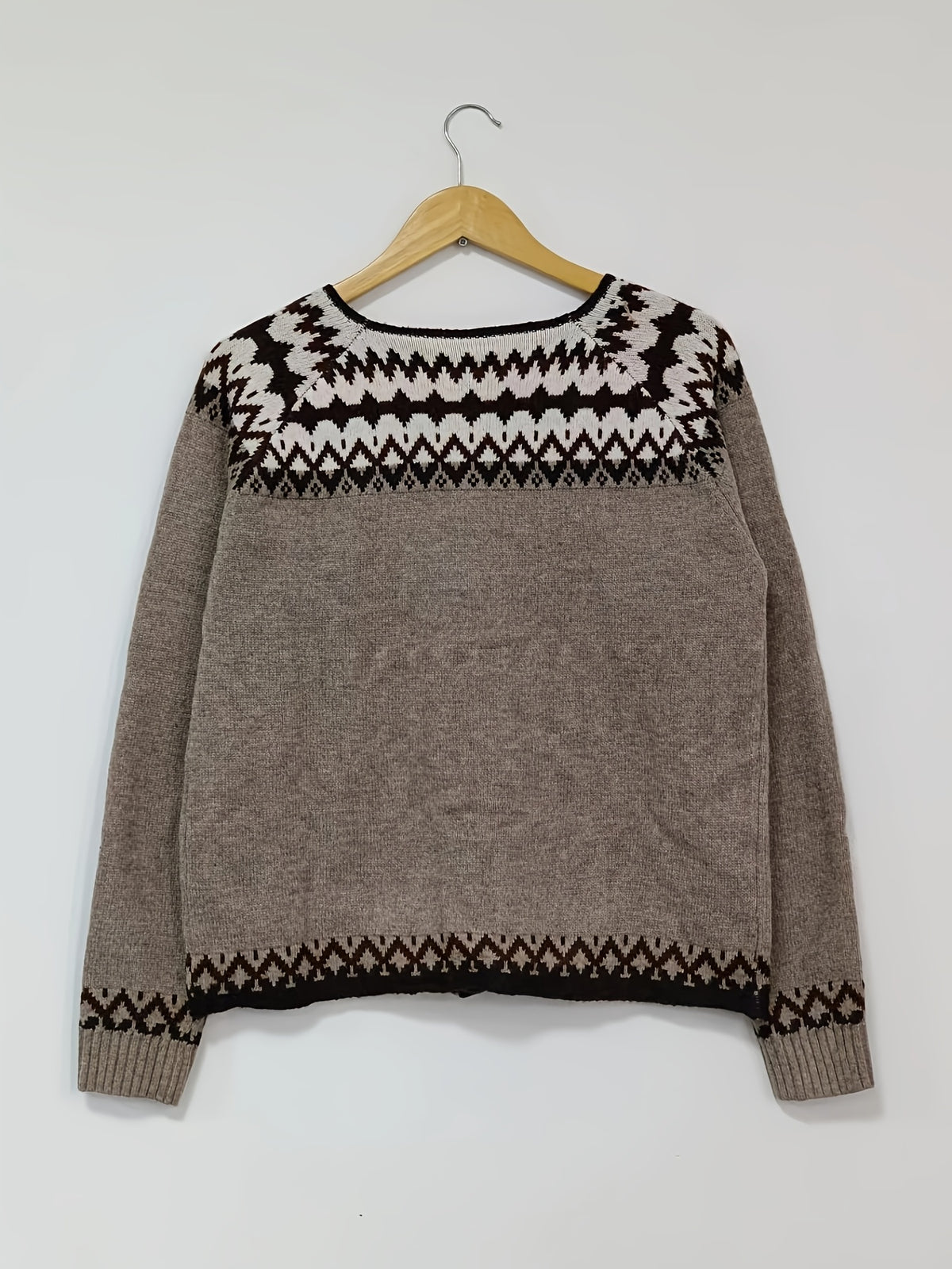 Chevyok Fair Isle Button-Front Cardigan – Knitted Women Autumn Casual Oversized Longline Cardigan