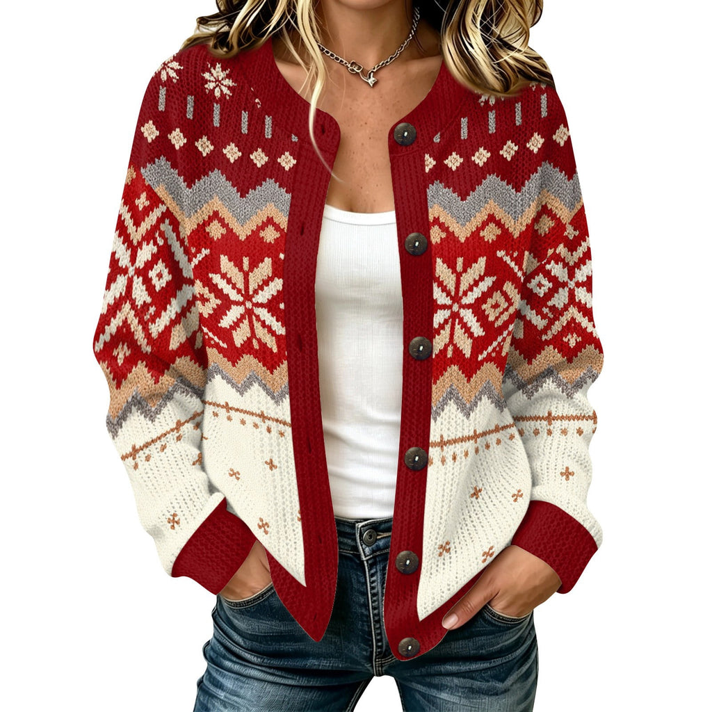 Snowflyx Fair Isle Button Cardigan – Knit Christmas Women Festive Holiday Long Sleeve Crew Neck Cardigan