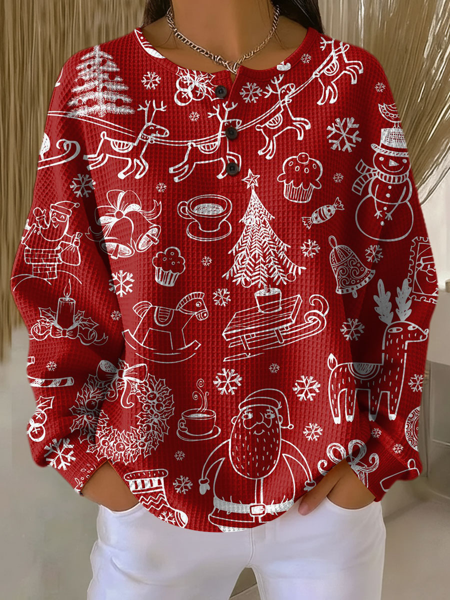 Sleira Festive Print Crew Neck Top – Christmas  Reindeer Santa Novelty Women Casual Long Sleeve Top
