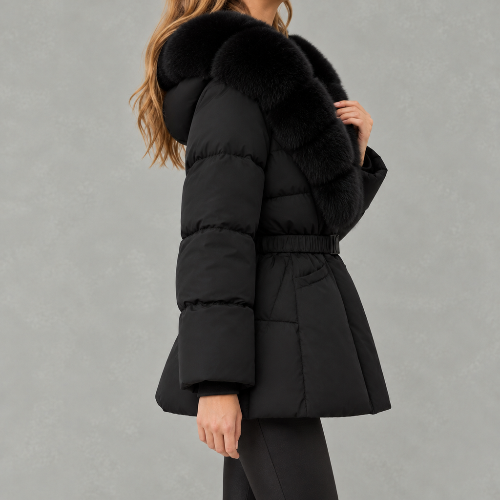 Shawdren Faux Fur Collar Belted Puffer Coat – Padded Quilted Women Winter Jacket Ladies Long Puffer Coat