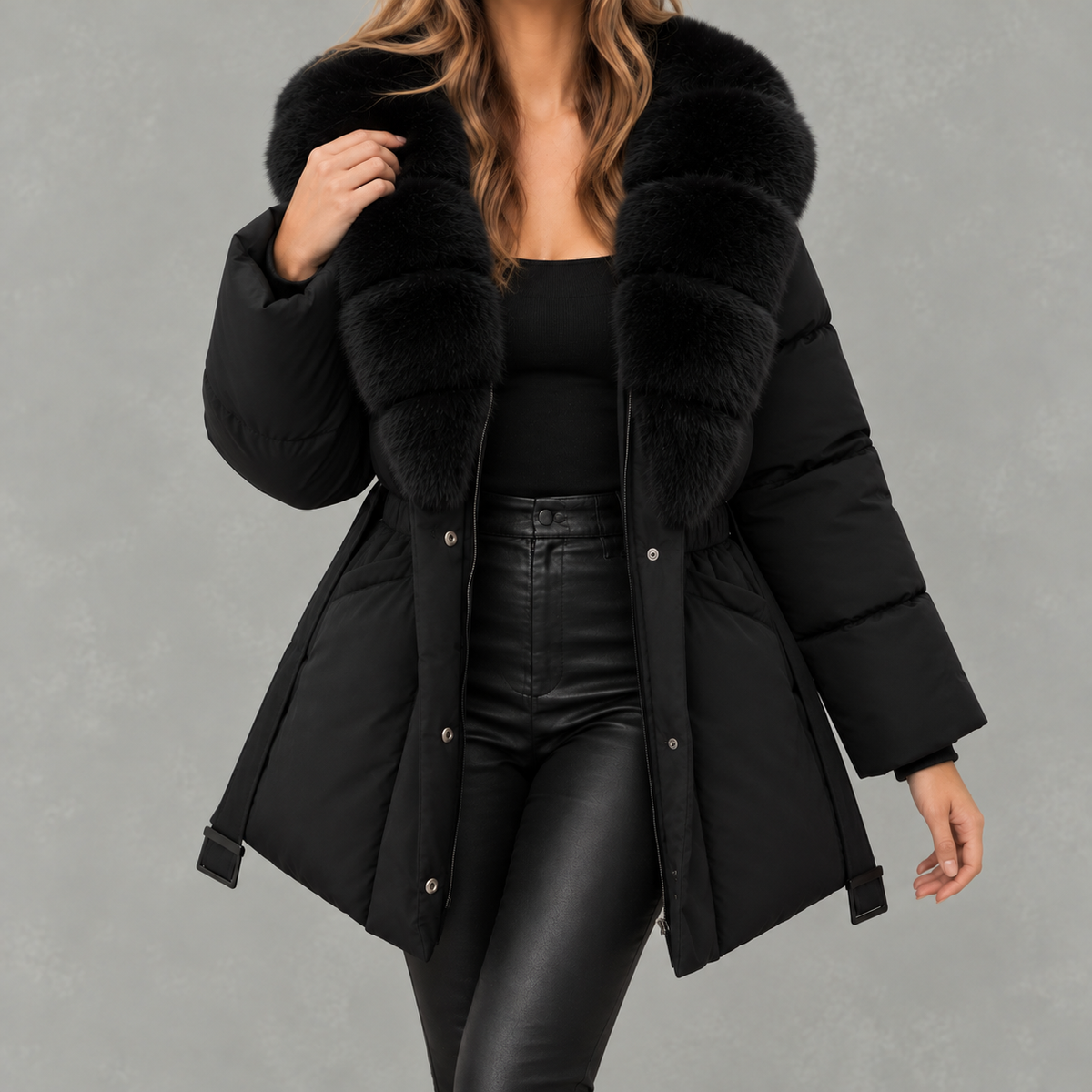 Shawdren Faux Fur Collar Belted Puffer Coat – Padded Quilted Women Winter Jacket Ladies Long Puffer Coat
