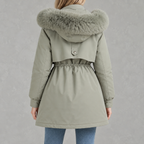Cinchora Hooded Parka Coat – Faux Fur Trim Winter Women Casual Outerwear Mid-Length Jacket