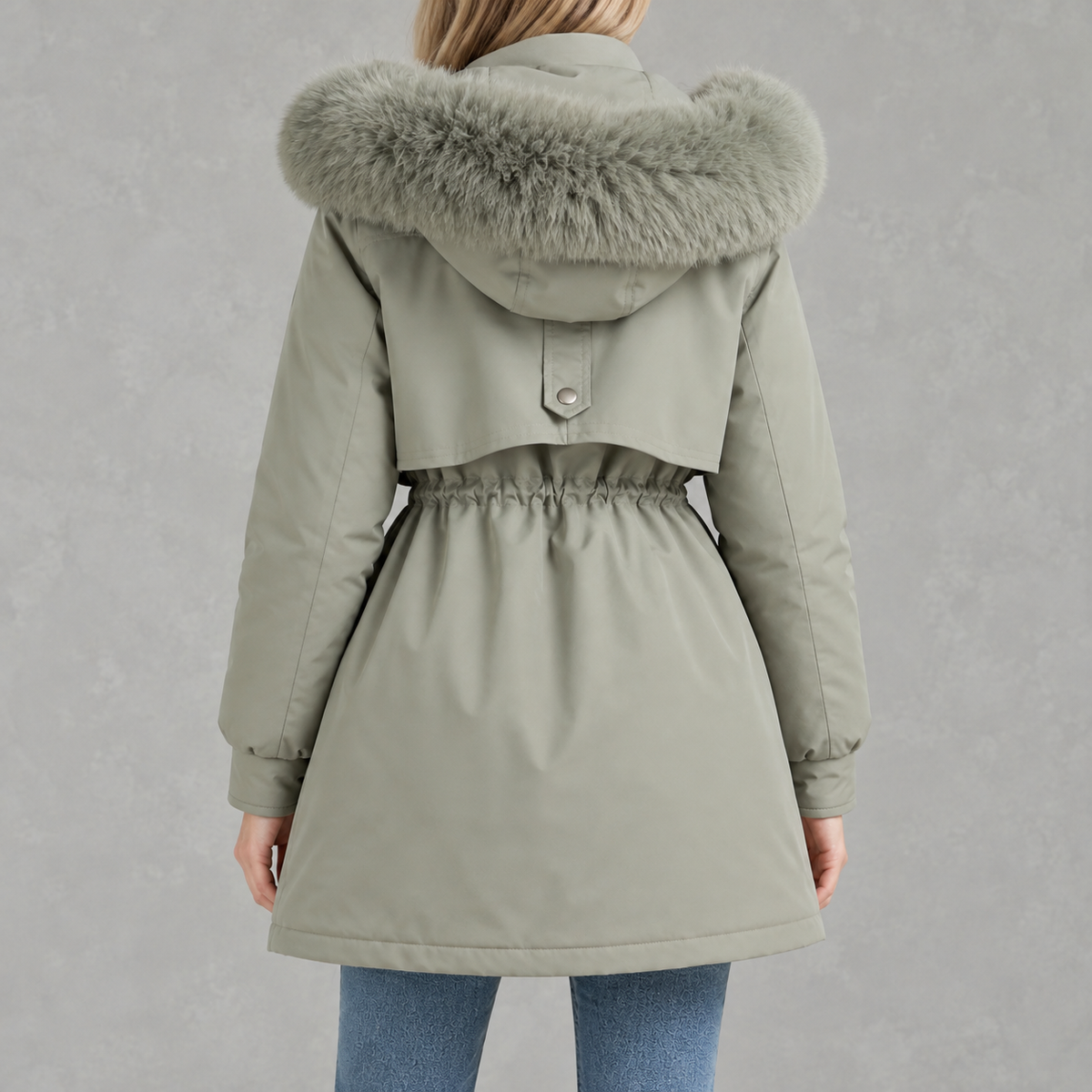 Cinchora Hooded Parka Coat – Faux Fur Trim Winter Women Casual Outerwear Mid-Length Jacket