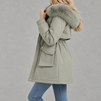Cinchora Hooded Parka Coat – Faux Fur Trim Winter Women Casual Outerwear Mid-Length Jacket