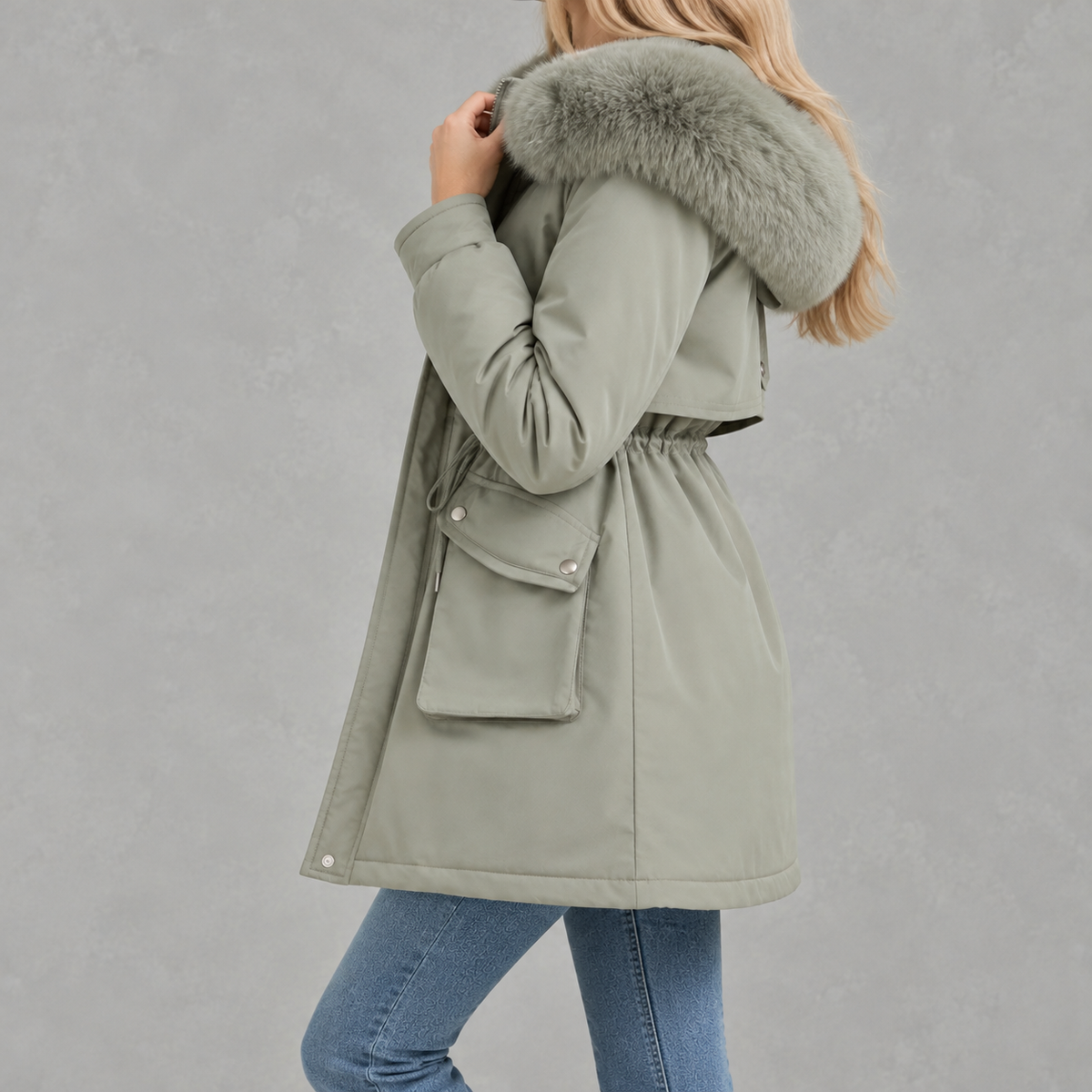 Cinchora Hooded Parka Coat – Faux Fur Trim Winter Women Casual Outerwear Mid-Length Jacket