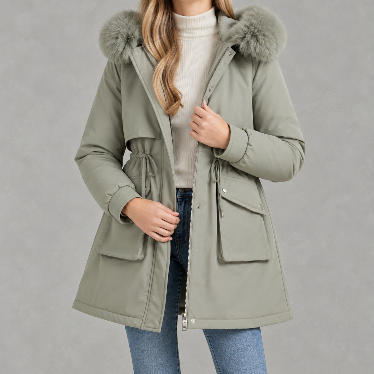Cinchora Hooded Parka Coat – Faux Fur Trim Winter Women Casual Outerwear Mid-Length Jacket