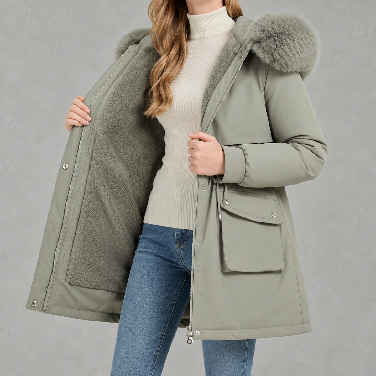 Cinchora Hooded Parka Coat – Faux Fur Trim Winter Women Casual Outerwear Mid-Length Jacket