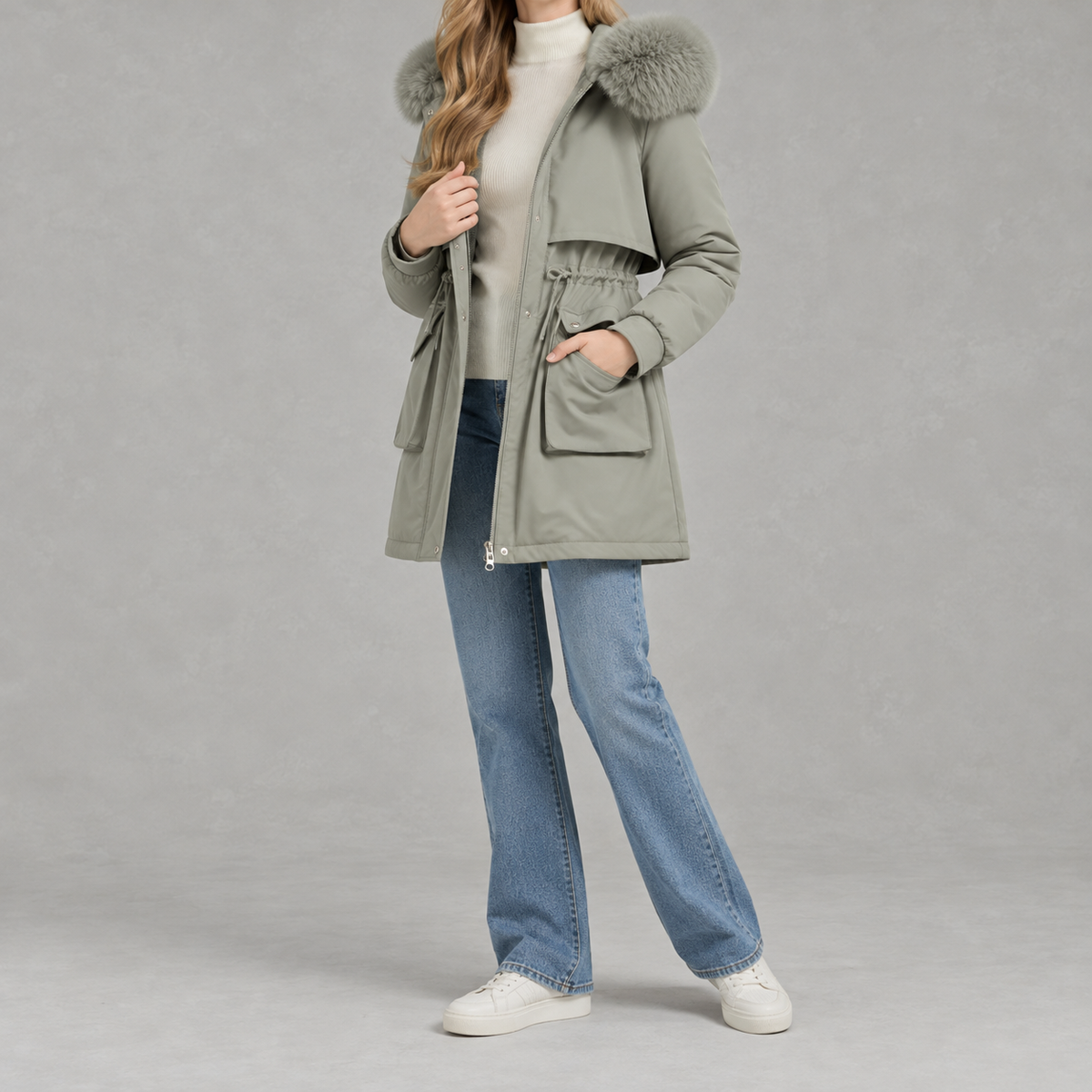 Cinchora Hooded Parka Coat – Faux Fur Trim Winter Women Casual Outerwear Mid-Length Jacket