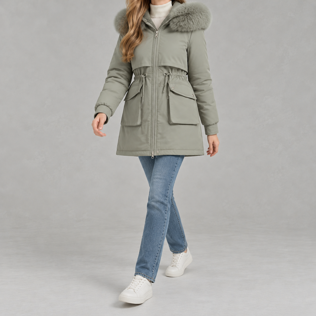 Cinchora Hooded Parka Coat – Faux Fur Trim Winter Women Casual Outerwear Mid-Length Jacket