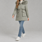 Cinchora Hooded Parka Coat – Faux Fur Trim Winter Women Casual Outerwear Mid-Length Jacket