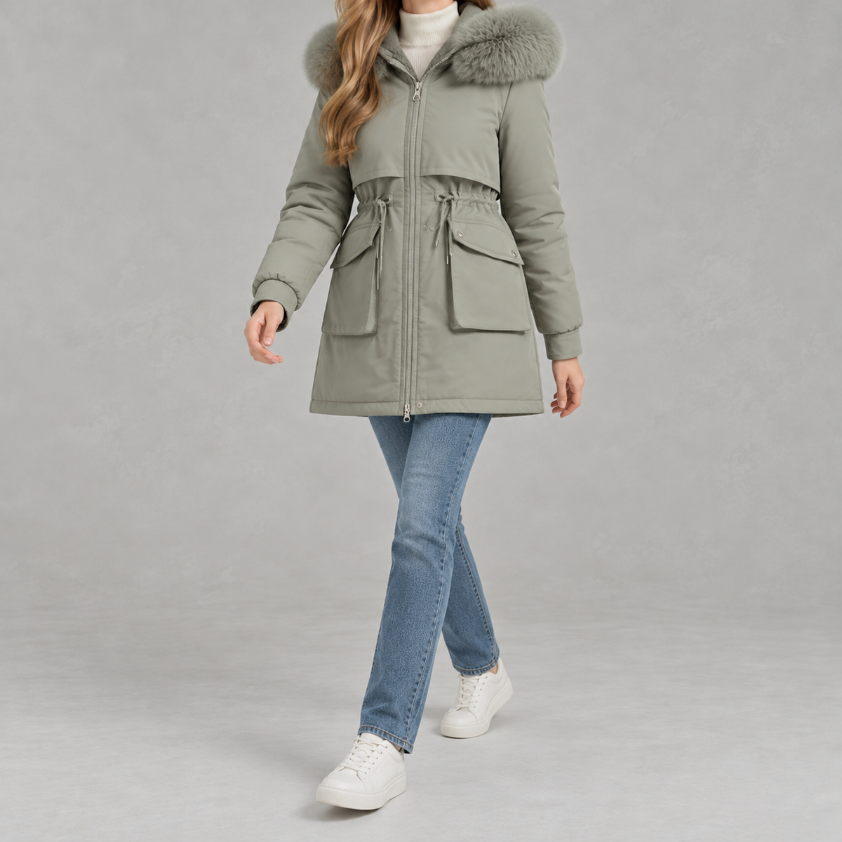 Cinchora Hooded Parka Coat – Faux Fur Trim Winter Women Casual Outerwear Mid-Length Jacket