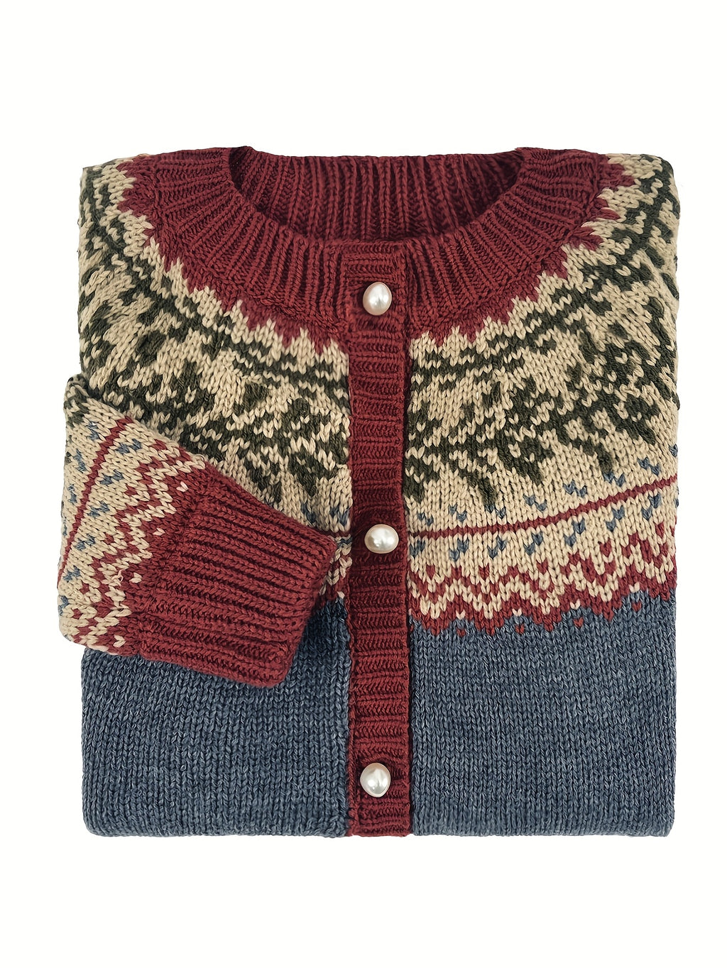 Fairbane Fair Isle Button-Up Cardigan – Women Knit Sweater Nordic Chunky Ribbed Autumn Fall Cardigan