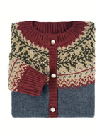 Fairbane Fair Isle Button-Up Cardigan – Women Knit Sweater Nordic Chunky Ribbed Autumn Fall Cardigan
