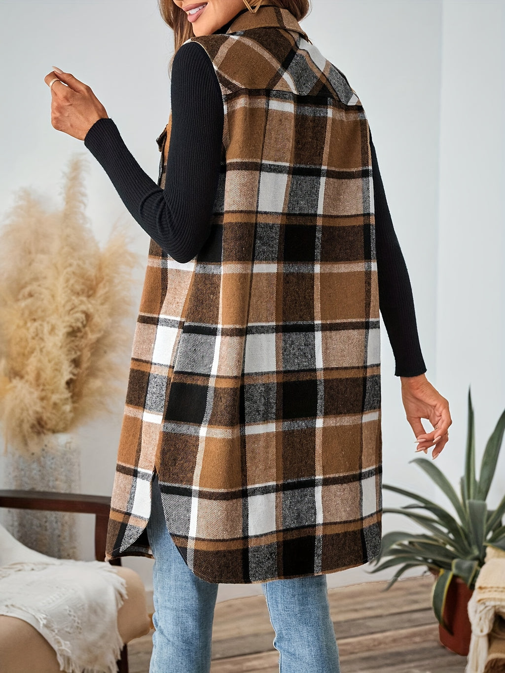 Flavest Check Sleeveless Longline Shacket – Women Oversized Flannel Gilet Waistcoat Casual Autumn Layering
