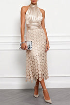 Scallin Halter Neck Satin Midi Dress – Sleeveless Cocktail Party Women Formal Evening Midi Dress