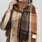 Twillyne Oversized Check Scarf – Tartan Wool Scarf Women Winter Checked Fringe Wrap Shawl Blanket Scarf