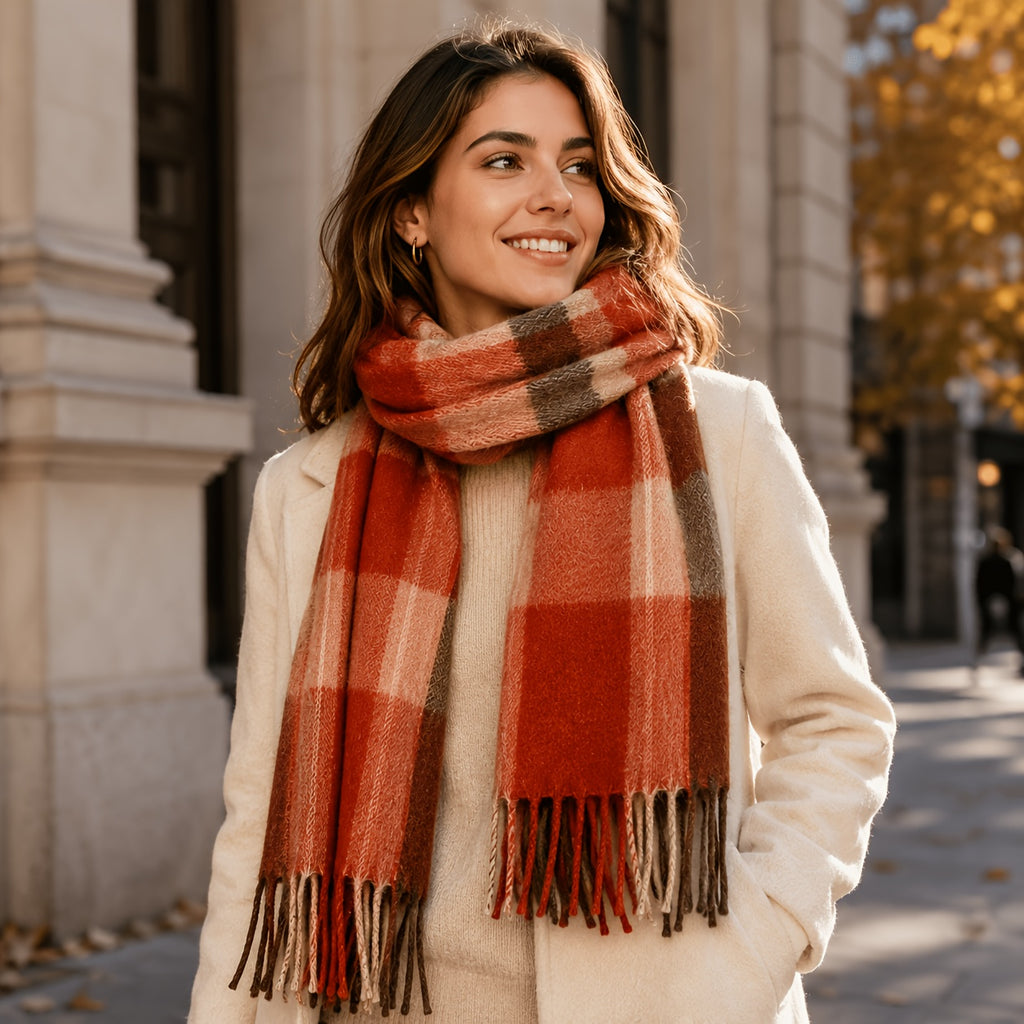 Fritasse Check Wool Scarf – Tartan Wool Checkered Scarf Women Fall Winter Soft Warm Plaid Scarf