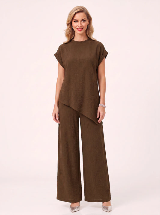 Torba Asymmetric Top Wide-Leg Trouser Co-Ord Set – Linen Blend Women Casual Loungewear Two Piece Set