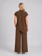 Torba Asymmetric Top Wide-Leg Trouser Co-Ord Set – Linen Blend Women Casual Loungewear Two Piece Set