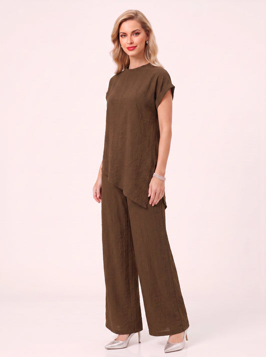 Torba Asymmetric Top Wide-Leg Trouser Co-Ord Set – Linen Blend Women Casual Loungewear Two Piece Set