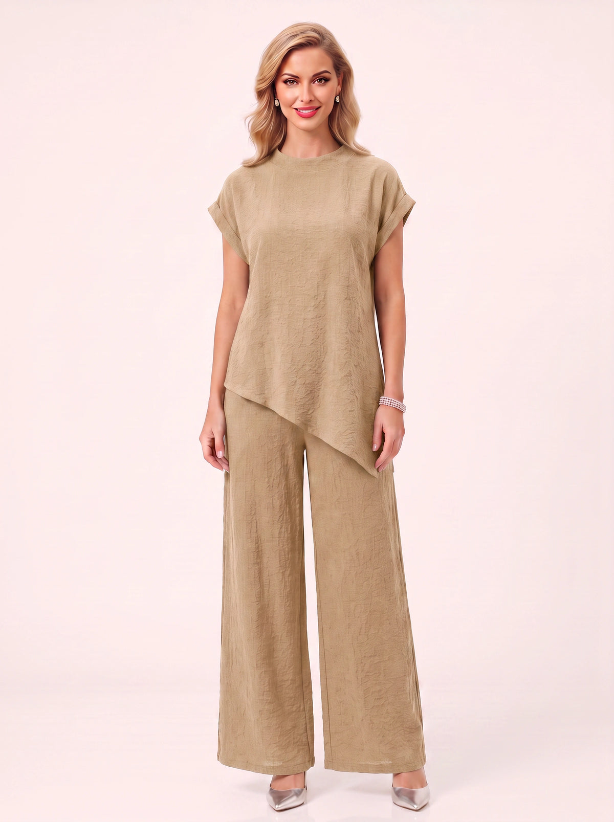 Torba Asymmetric Top Wide-Leg Trouser Co-Ord Set – Linen Blend Women Casual Loungewear Two Piece Set