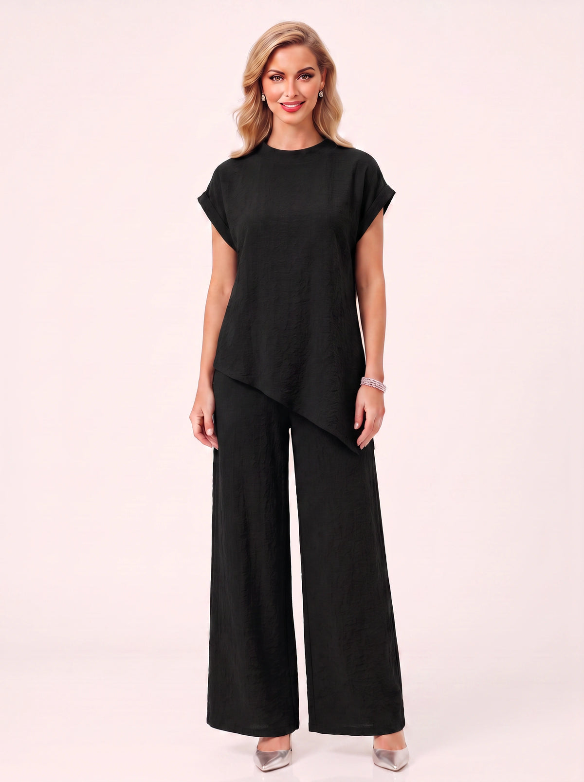 Torba Asymmetric Top Wide-Leg Trouser Co-Ord Set – Linen Blend Women Casual Loungewear Two Piece Set