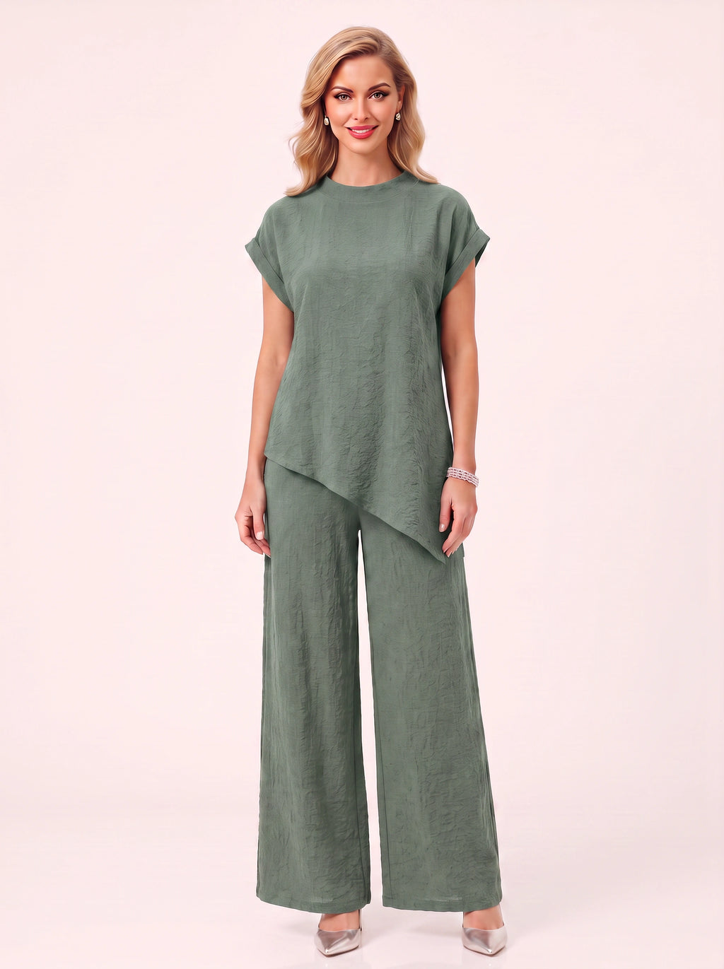Torba Asymmetric Top Wide-Leg Trouser Co-Ord Set – Linen Blend Women Casual Loungewear Two Piece Set