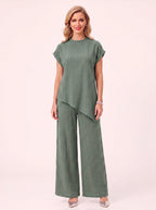 Torba Asymmetric Top Wide-Leg Trouser Co-Ord Set – Linen Blend Women Casual Loungewear Two Piece Set