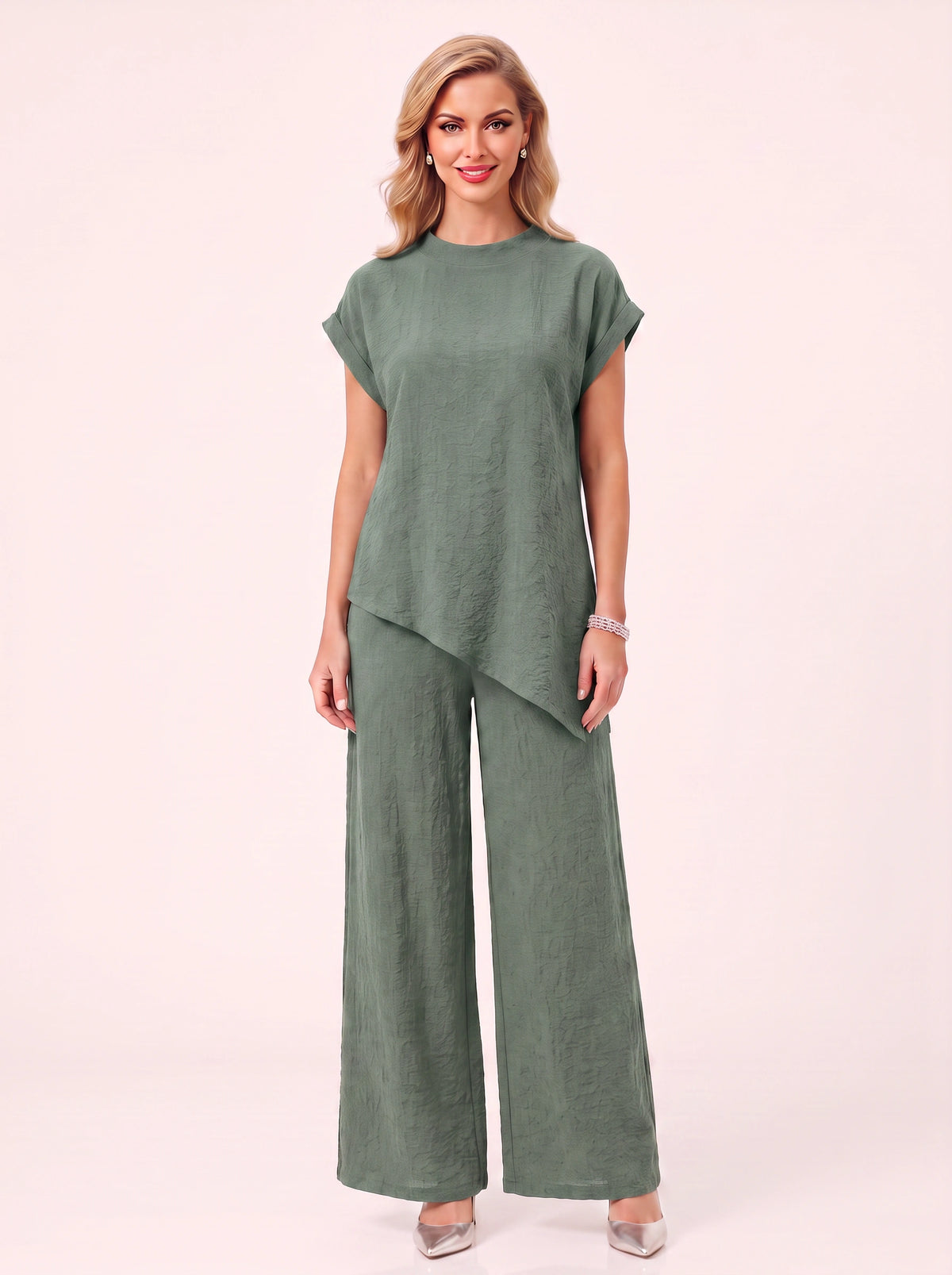 Torba Asymmetric Top Wide-Leg Trouser Co-Ord Set – Linen Blend Women Casual Loungewear Two Piece Set