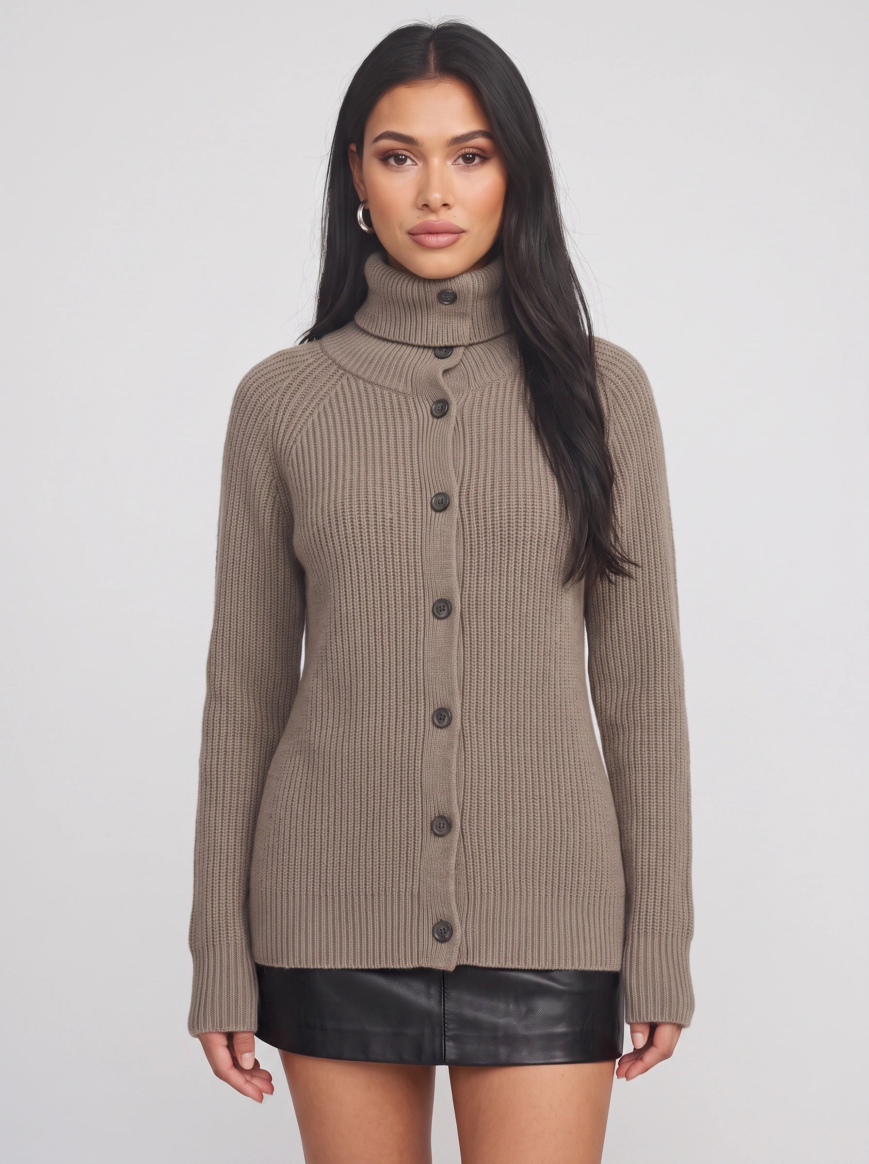 Costaline Button Front Ribbed Roll Neck Cardigan – Chunky Knit Women Casual Autumn Longline Turtleneck Cardigan