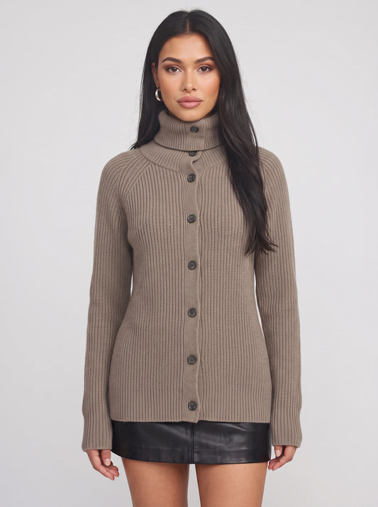 Costaline Button Front Ribbed Roll Neck Cardigan – Chunky Knit Women Casual Autumn Longline Turtleneck Cardigan