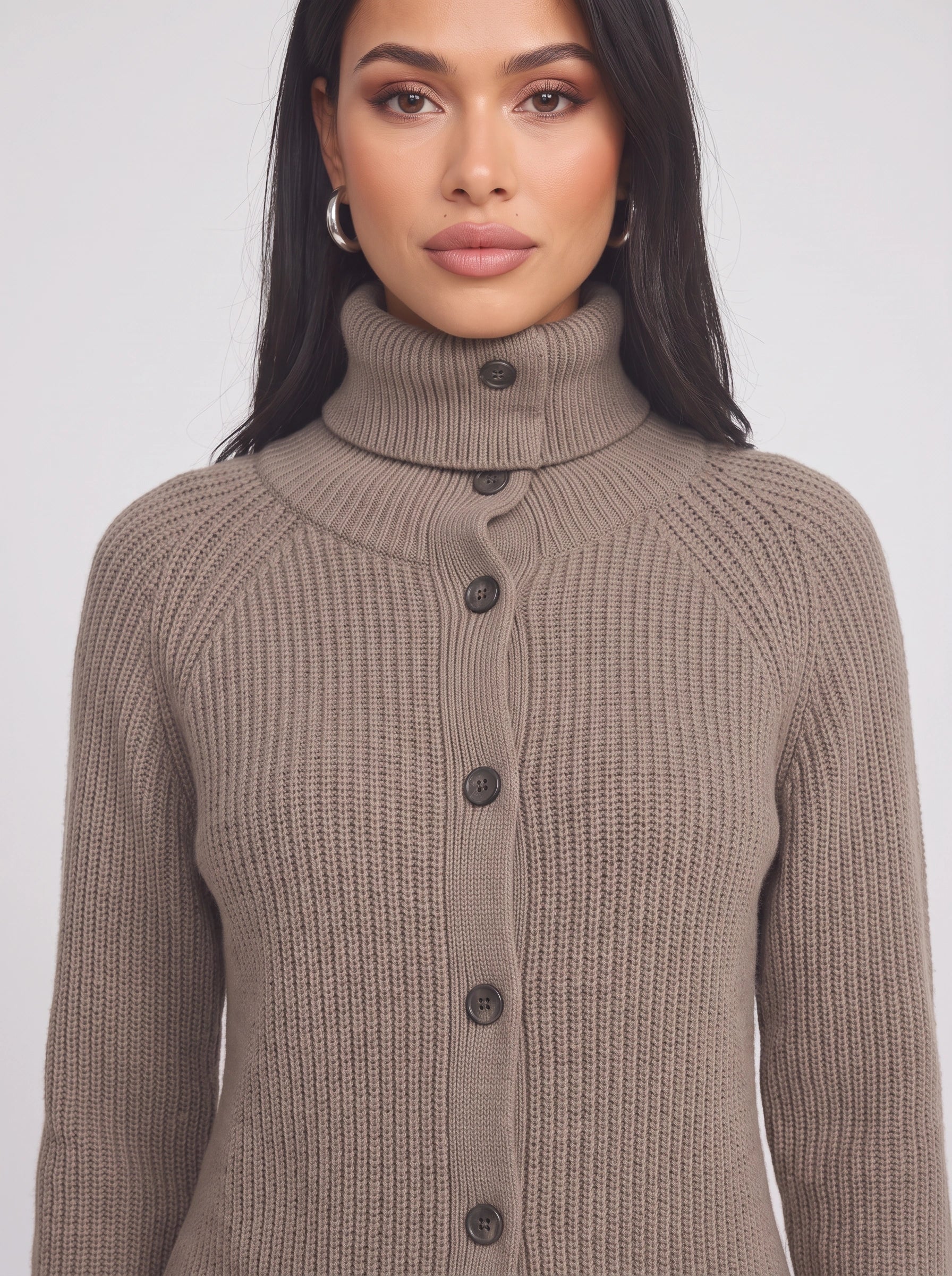 Costaline Button Front Ribbed Roll Neck Cardigan – Chunky Knit Women Casual Autumn Longline Turtleneck Cardigan