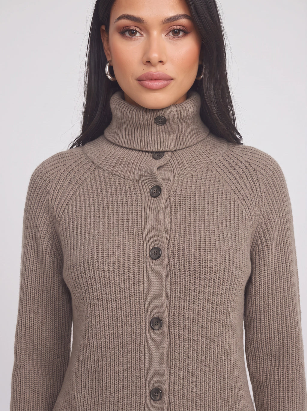 Costaline Button Front Ribbed Roll Neck Cardigan – Chunky Knit Women Casual Autumn Longline Turtleneck Cardigan