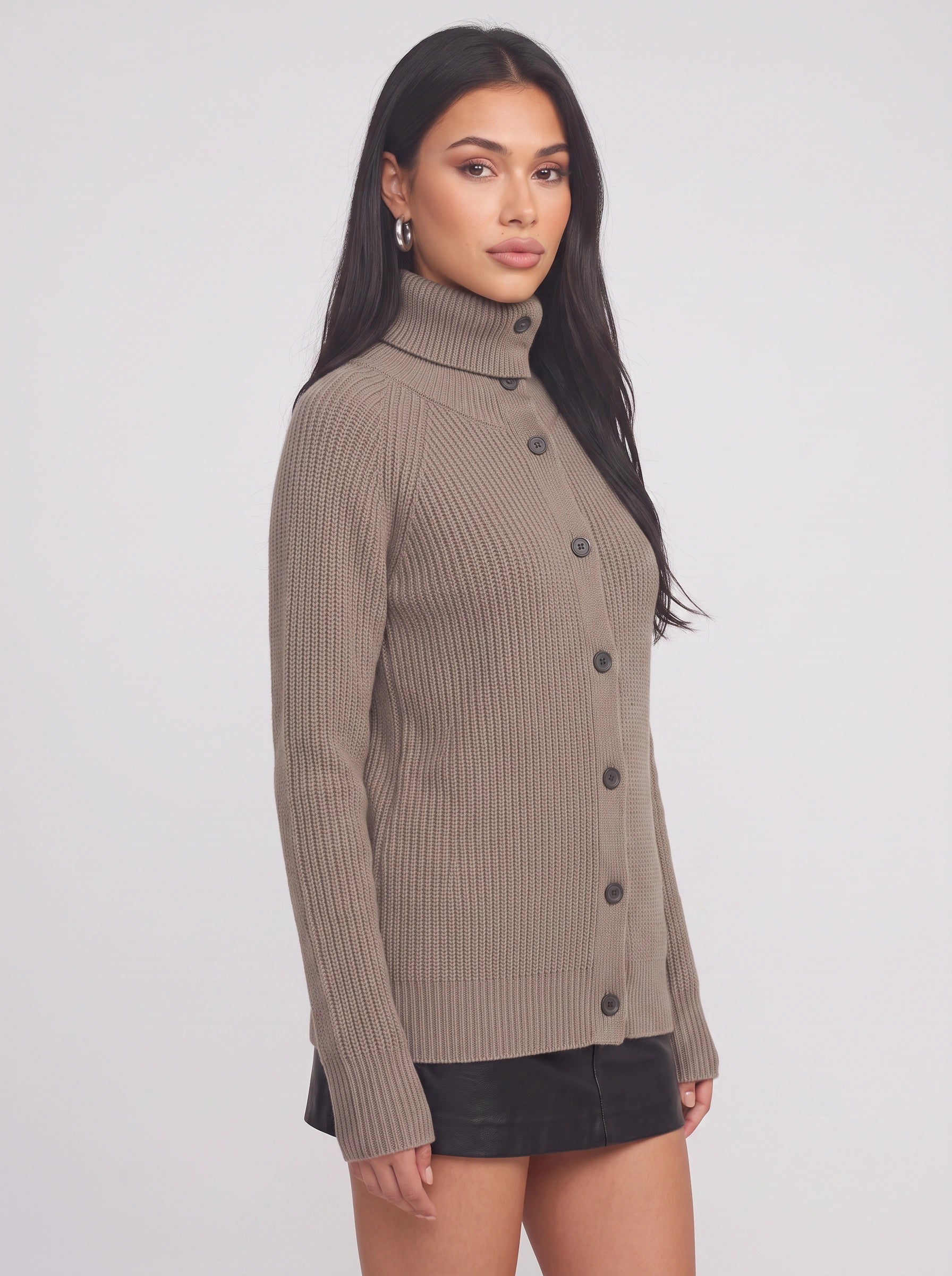 Costaline Button Front Ribbed Roll Neck Cardigan – Chunky Knit Women Casual Autumn Longline Turtleneck Cardigan