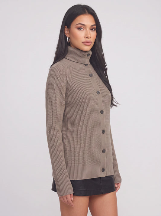 Costaline Button Front Ribbed Roll Neck Cardigan – Chunky Knit Women Casual Autumn Longline Turtleneck Cardigan