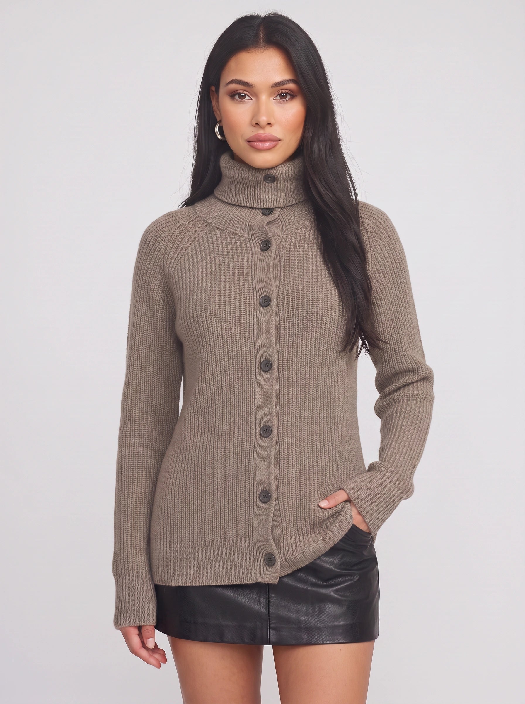 Costaline Button Front Ribbed Roll Neck Cardigan – Chunky Knit Women Casual Autumn Longline Turtleneck Cardigan